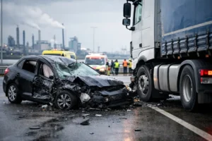 Auto zwaar beschadigd na botsing met vrachtwagen in Rotterdam-Europoort