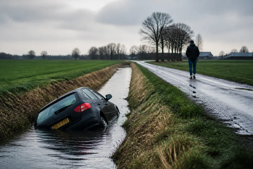Auto belandt in sloot, bestuurder vertrekt zonder hulp te zoeken