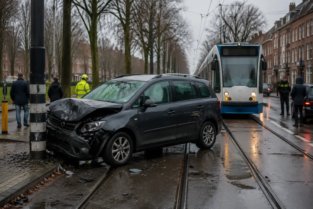 Auto met jonge kinderen botst tegen lantaarnpaal en blokkeert tramspoor