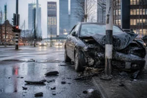 Auto rijdt tegen paal in centrum Rotterdam, flinke schade en brokstukken op straat