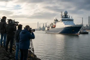Internationale media-aandacht voor aankomst van het schip Hondius in Europoort