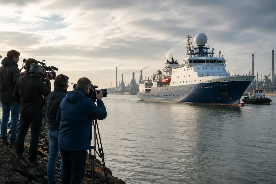 Internationale media-aandacht voor aankomst van het schip Hondius in Europoort