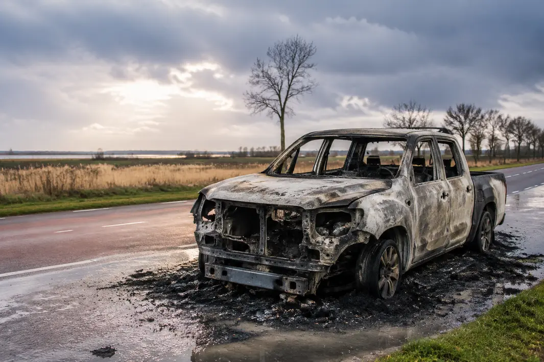 Pick-up volledig uitgebrand op Hogelandseweg in Spijkenisse